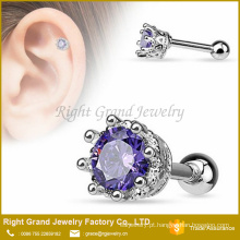 Coroa pino conjunto zircônio cúbico cartilagem aço cirúrgico Tragus Barbell Studs